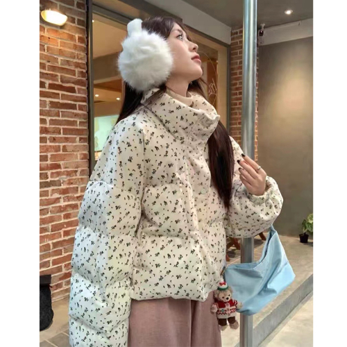 Fresh floral short down jacket winter new Korean college style thickened warm cotton jacket