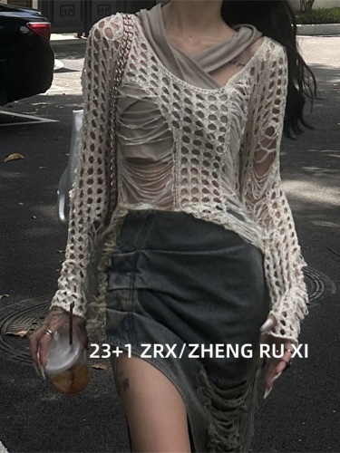 Fu Xinbo Women's Wear Zhengxi Hollow Hole Knitted Sweater Women's Niche American Hot Girl Long Sleeve Top 13105