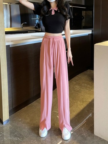 Actual shot of ice silk slit wide-leg pants for women, summer high-waisted casual pants, loose straight draping trousers