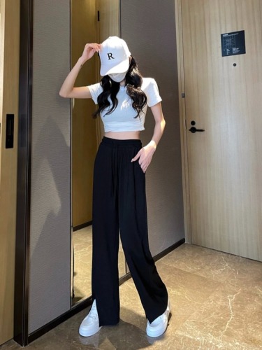 Actual shot of ice silk slit wide-leg pants for women, summer high-waisted casual pants, loose straight draping trousers