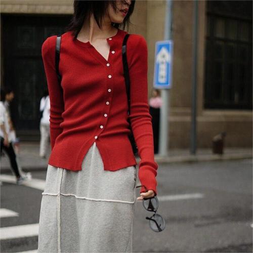 Knitted sweater, lazy style, new style, red sweater, bottoming, inner top, slimming cardigan for women