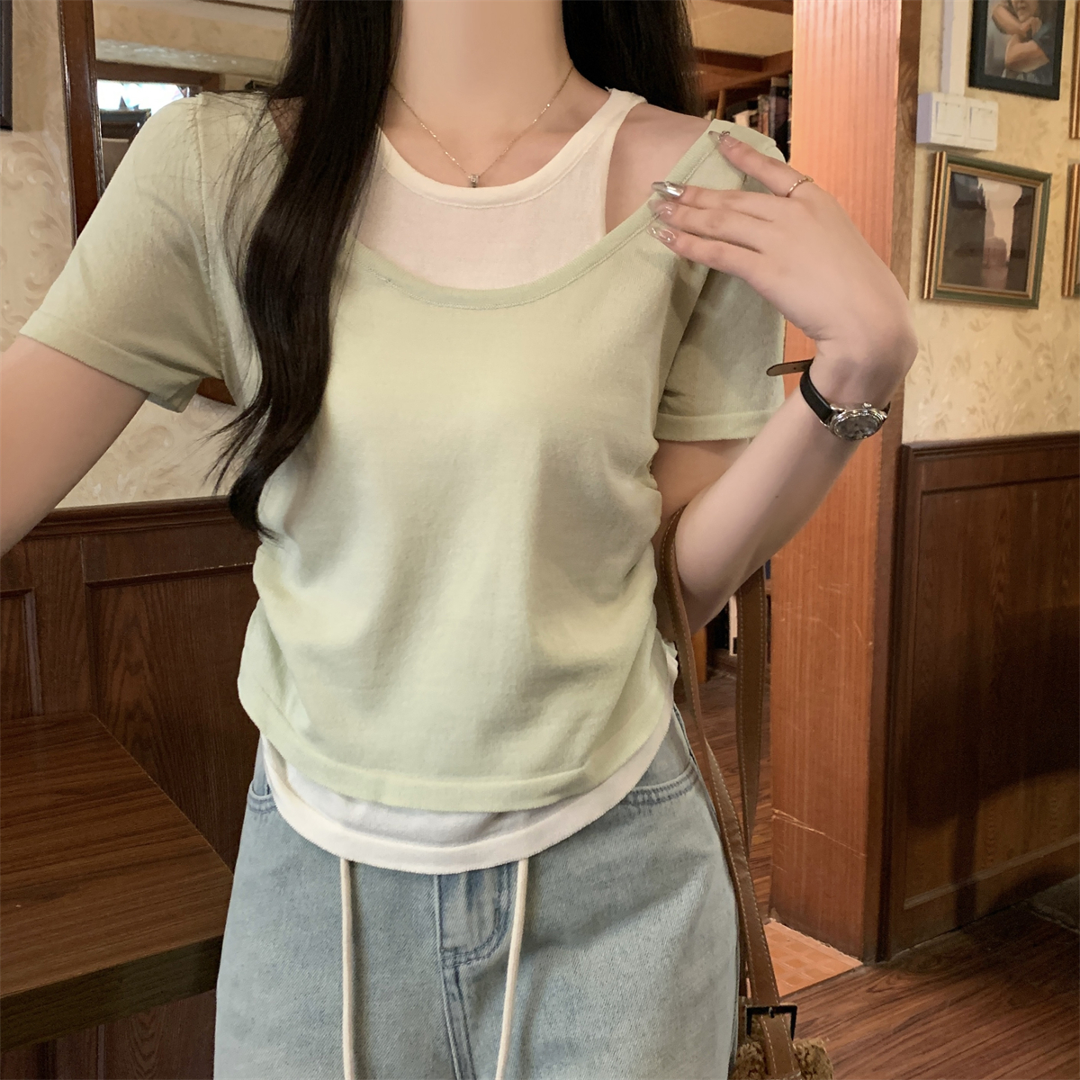 Real shot Korean style summer contrast color versatile pleated fake two-piece design knitted sweater short-sleeved top for women