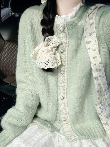 Green lace design knitted sweater cardigan for women 2024 new autumn literary retro lazy jacket top