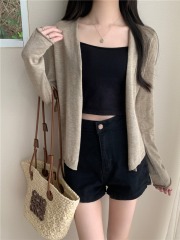 Real shot real summer solid color 6 wool light knitted cardigan sun protection outer top for women