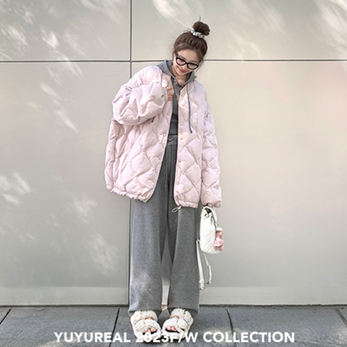 Winter down cotton coat for women 2024 new Korean style lazy style rhombus loose slimming little thickened cotton coat trend