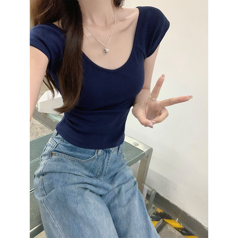 實拍趙露思同款大領口露鎖骨純欲短袖T恤女修身短款露臍上衣