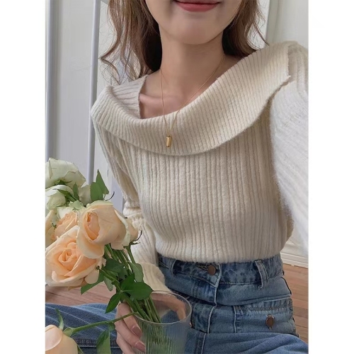 Retro style lazy one-shoulder sweater for women winter new style high-end gentle design long-sleeved knitted top