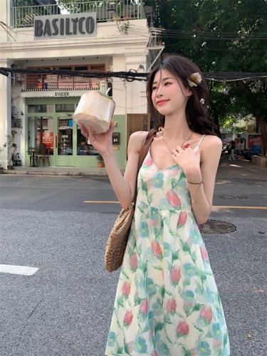 Summer Tulip Holiday Style Korean Style Suspender Dress 2024 Summer Fashion Versatile Sweet Smudge Flower Dress