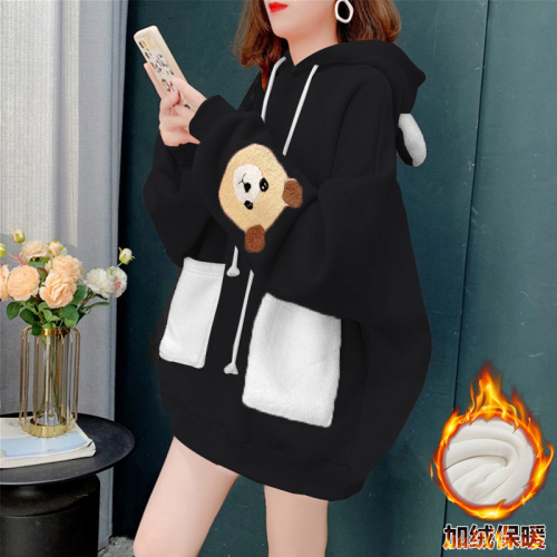 Thickened one-piece velvet 2024 autumn and winter new style bear embroidered pocket hooded plus velvet loose and comfortable sweatshirt for women