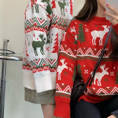 Korean Autumn/Winter Retro Christmas Reindeer Red Illustration Outerwear Loose Hooded Thick Knit Sweater for Women Friend Set