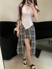 Real shot, real summer irregular sleeveless vest top + irregular plaid skirt for women