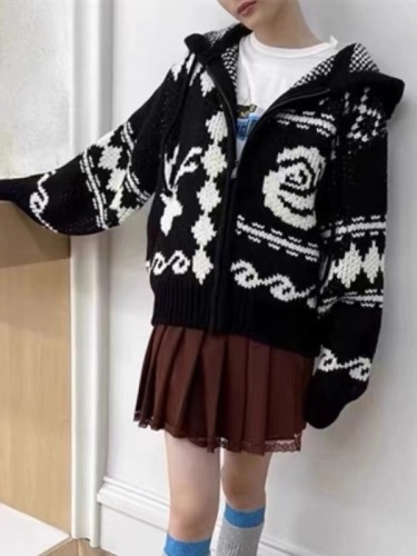 American retro sweater cardigan women's autumn jacquard hooded sweater OVersize design coat