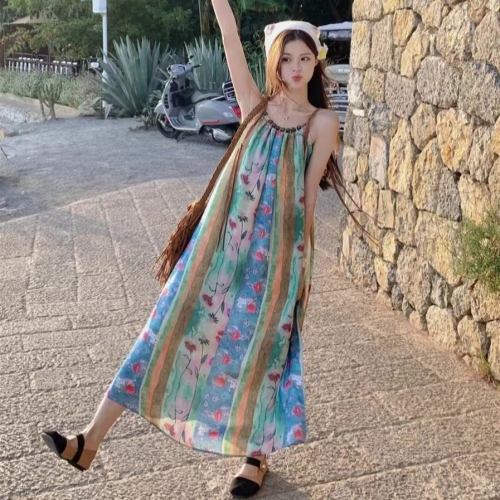 Beach resort style floral mid-length beaded suspender dress for women summer loose long skirt