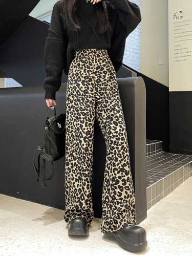 Actual shot ~ 2024 new Korean style leopard print wide-leg pants, versatile high-waisted, slim floor-length pants, straight pants