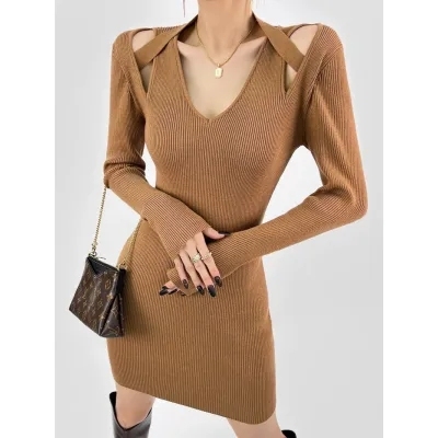 DOUBLE Z v-neck halter neck off-shoulder long-sleeved knitted dress for women in autumn slimming bottoming hip skirt