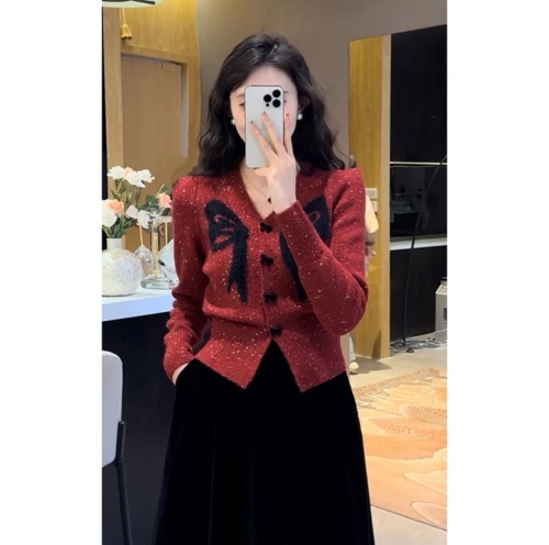 2024 new autumn and winter V-neck bow knitted sweater long-sleeved fashion versatile sweater cardigan top