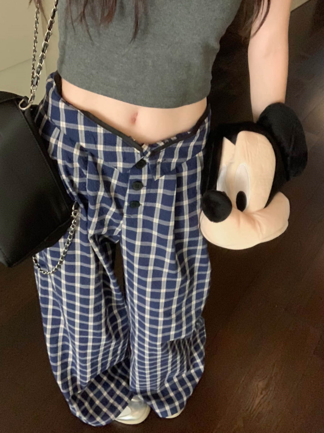 Real shot American retro high-end blue plaid wide-leg pants high-waisted bubble cotton casual pants