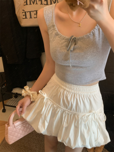 Real shot of French ballet style bow pleated tutu skirt for women A-line bud skirt lantern skirt skirt