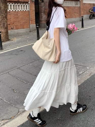 Skirt Women's Mid-length Skirt Spring and Summer Large Hem Pleated Princess Puff Skirt Umbrella Skirt Draped Korean White Cake Skirt