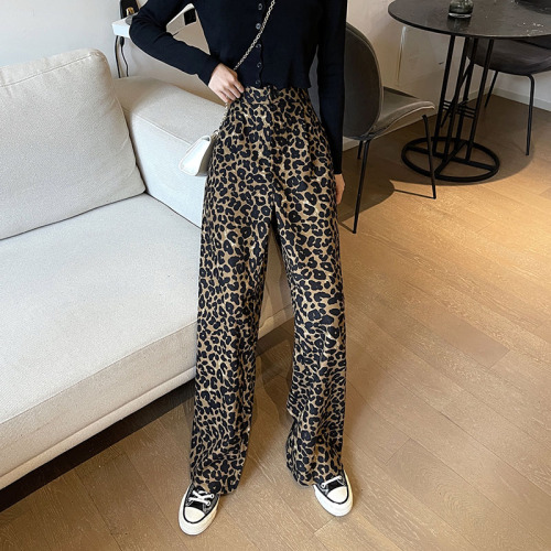 Actual shot ~ 2024 new Korean style leopard print wide-leg pants, versatile high-waisted, slim floor-length pants, straight pants