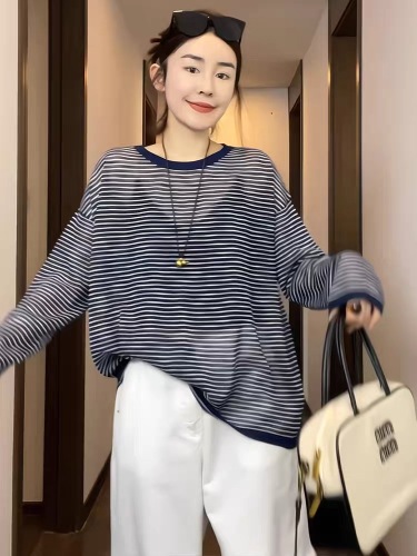 European pen blue pinstripe long-sleeved sun protection blouse T-shirt for women 2024 summer thin loose slimming top