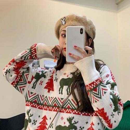 Korean Autumn/Winter Retro Christmas Reindeer Red Illustration Outerwear Loose Hooded Thick Knit Sweater for Women Friend Set