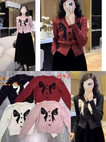 2024 new autumn and winter V-neck bow knitted sweater long-sleeved fashion versatile sweater cardigan top