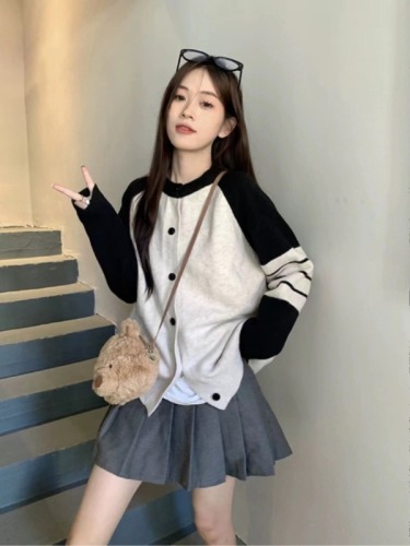 Korean style loose and versatile slimming sweater for women early autumn 2024 new long-sleeved contrasting color cardigan jacket casual top