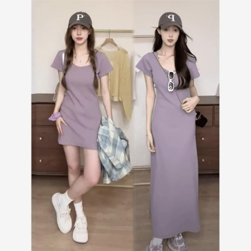 Pure lust style Korean style women's summer new short-sleeved fishtail dress advanced purple slim fit hip-hugging long skirt