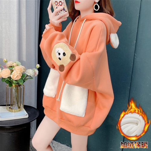 Thickened one-piece velvet 2024 autumn and winter new style bear embroidered pocket hooded plus velvet loose and comfortable sweatshirt for women