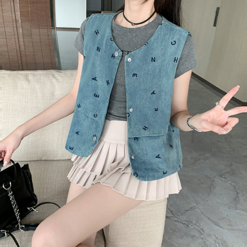 Real shot~Vest jacket for women new summer loose outer wear sweet and spicy retro sleeveless top denim vest