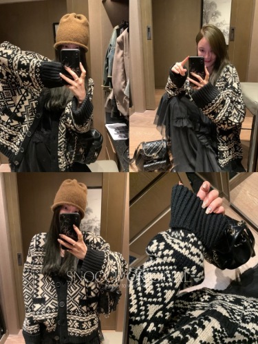 Qian Meixi's original B-defeat difficult-to-stitch big sweater, loose and thickened, lazy and casual black and white knitted jacket