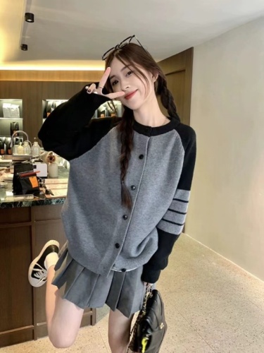 Korean style loose and versatile slimming sweater for women early autumn 2024 new long-sleeved contrasting color cardigan jacket casual top