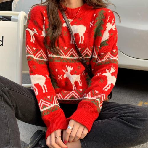 Korean Autumn/Winter Retro Christmas Reindeer Red Illustration Outerwear Loose Hooded Thick Knit Sweater for Women Friend Set