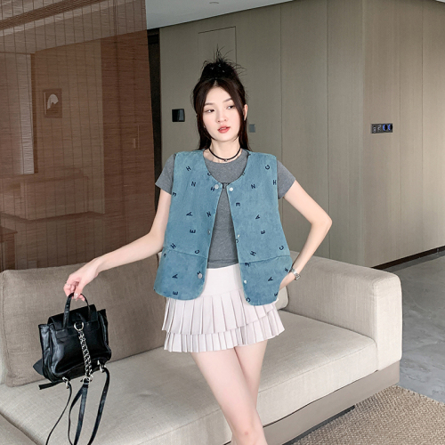 Real shot~Vest jacket for women new summer loose outer wear sweet and spicy retro sleeveless top denim vest