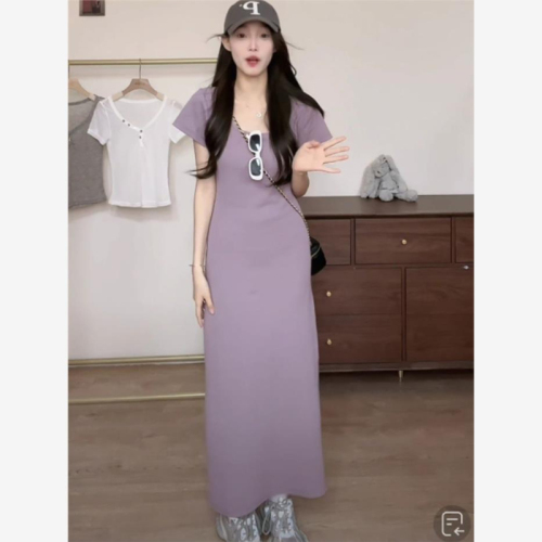 Pure lust style Korean style women's summer new short-sleeved fishtail dress advanced purple slim fit hip-hugging long skirt