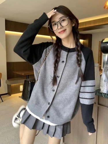 Korean style loose and versatile slimming sweater for women early autumn 2024 new long-sleeved contrasting color cardigan jacket casual top