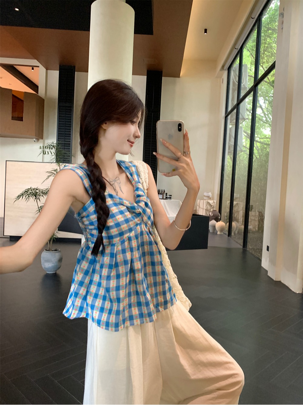 Actual shot ~ Korean style chic twisted plaid short slimming sleeveless vest + high waisted slimming wide leg pants