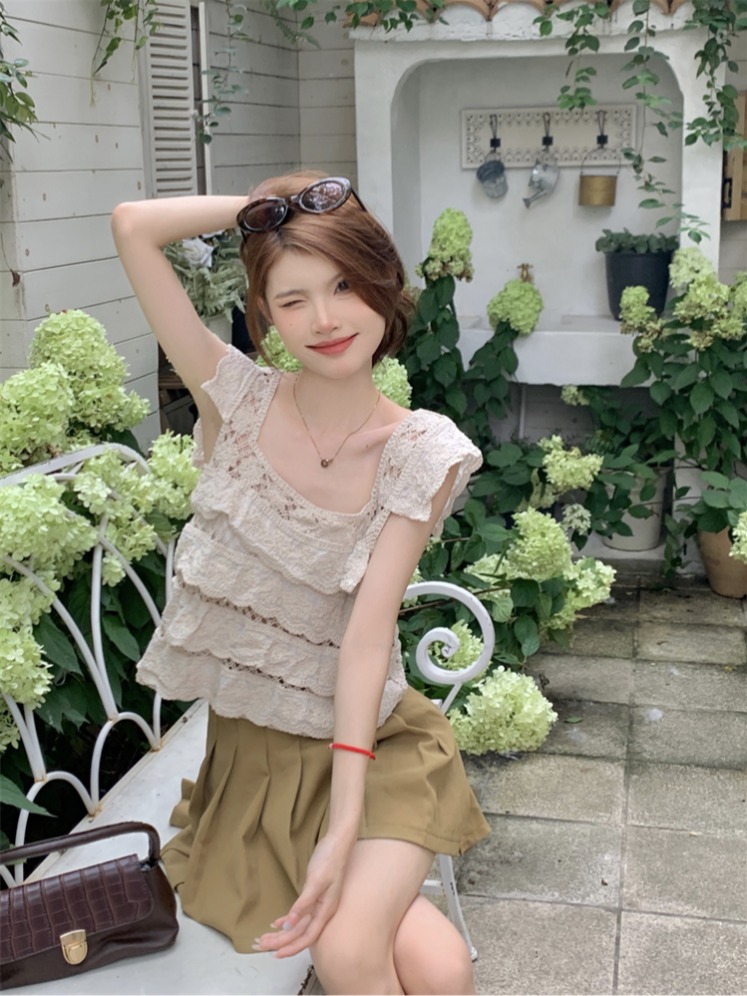 Real shot 2024 summer new French design lace hollow sleeveless vest women's short top