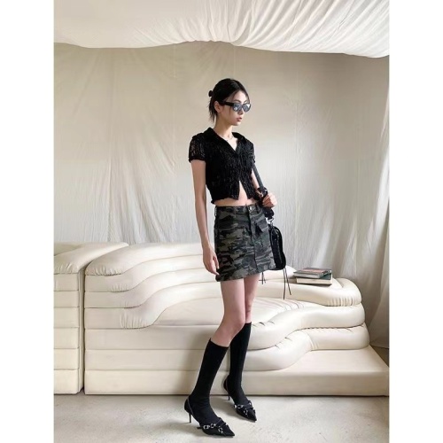 European and American high street camouflage workwear denim slit with leggings culottes versatile casual hot girl pocket hip skirt