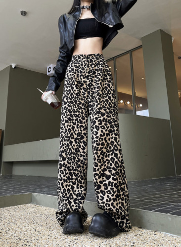 Actual shot ~ 2024 new Korean style leopard print wide-leg pants, versatile high-waisted, slim floor-length pants, straight pants