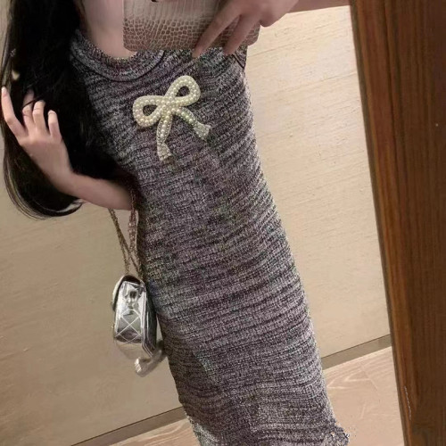 Summer new holiday style hollow round neck embroidered knitted vest dress slim and slim sleeveless long skirt