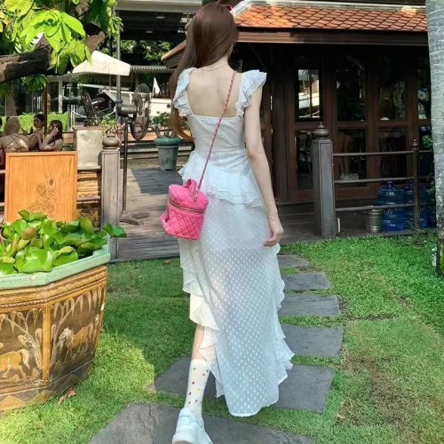 ffcheer Hanoyama Man printed polka dot small flying sleeve dress summer female irregular hot girl trailing long skirt