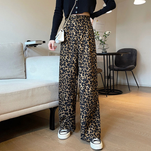 Actual shot ~ 2024 new Korean style leopard print wide-leg pants, versatile high-waisted, slim floor-length pants, straight pants