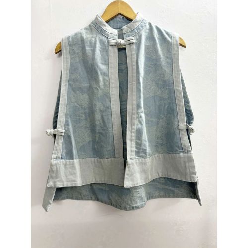 Quality Inspection Officer Picture New Chinese Style Denim Jacquard Jacket for Women Spring and Summer Stand Collar Spliced ​​Chinese Style Disk Button Denim Vest