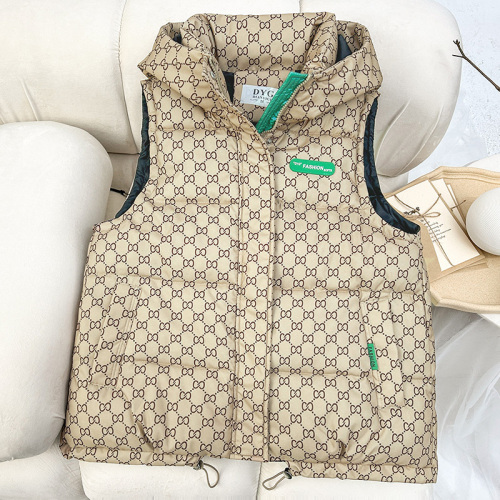 Real shot of foreign trade Korean down cotton vest for women in autumn and winter fashionable foreign style printed waistcoat vest hooded vest jacket