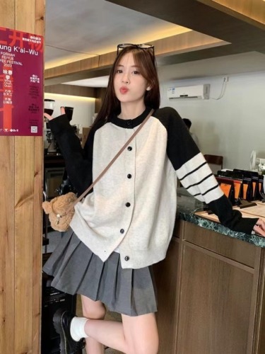 Korean style loose and versatile slimming sweater for women early autumn 2024 new long-sleeved contrasting color cardigan jacket casual top