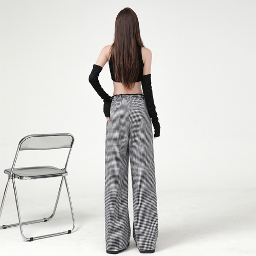 Actual shot of black and white plaid casual pants for women 2024 early autumn new high-waist slim design wide-leg trousers