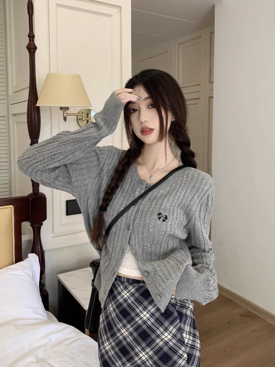 Women's Academic Style Set: Crocheted Cardigan Jacket, Bustier Top, Striped Semi-Party Dress, Two-Piece Spring Outfit
