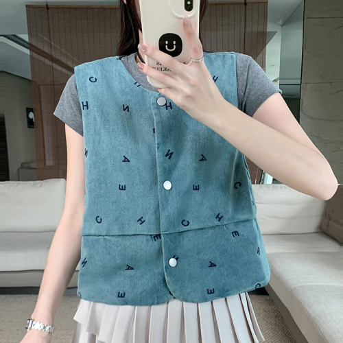 Real shot~Vest jacket for women new summer loose outer wear sweet and spicy retro sleeveless top denim vest